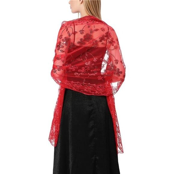 Sequin Floral Shawls Wraps Red - Picture 1 of 6